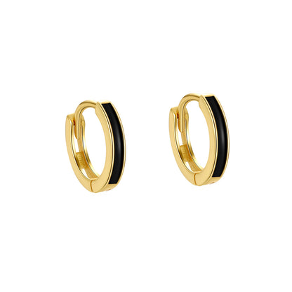 Black Enamel and 18K Gold-Plated Huggie Earrings, gold huggie earrings, everyday style, side view