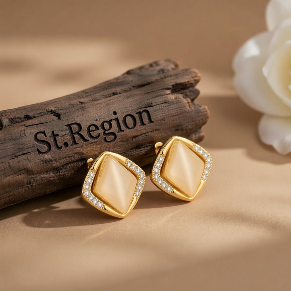 Cats Eye & Cubic Zirconia 18K Gold-Plated Rhombus Stud Earrings