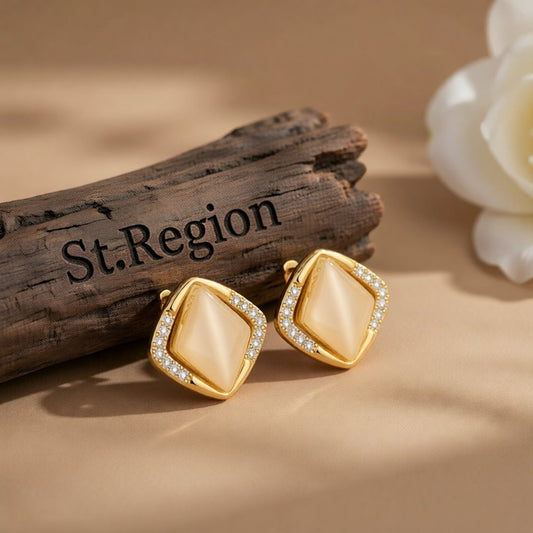 Cats Eye & Cubic Zirconia 18K Gold-Plated Rhombus Stud Earrings