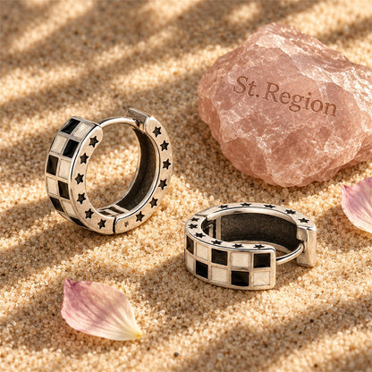 Black Enamel and Silver-Plated Checkerboard Huggie Earrings, silver huggie earrings, botanical inspired, detail close-up
