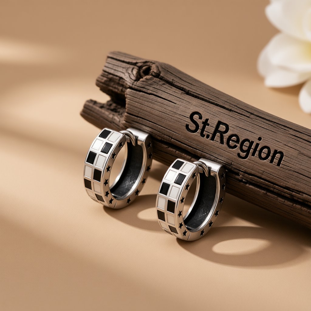 Black Enamel and Silver-Plated Checkerboard Huggie Earrings, silver huggie earrings, botanical inspired, front view