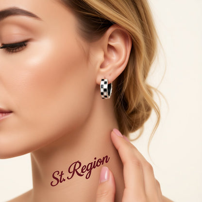 Black Enamel and Silver-Plated Checkerboard Huggie Earrings, silver huggie earrings, botanical inspired, styled look