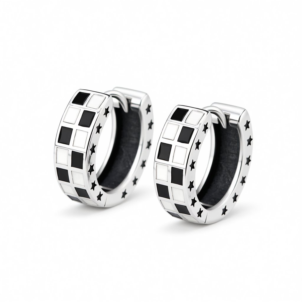Black Enamel and Silver-Plated Checkerboard Huggie Earrings, silver huggie earrings, botanical inspired, side view