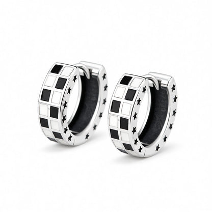 Black Enamel and Silver-Plated Checkerboard Huggie Earrings, silver huggie earrings, botanical inspired, side view