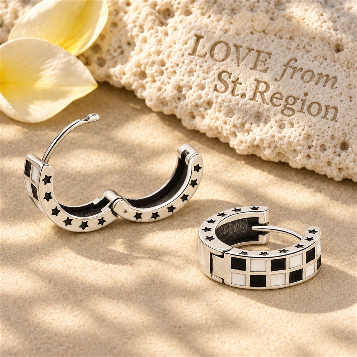 Black Enamel and Silver-Plated Checkerboard Huggie Earrings, silver huggie earrings, botanical inspired, lifestyle look