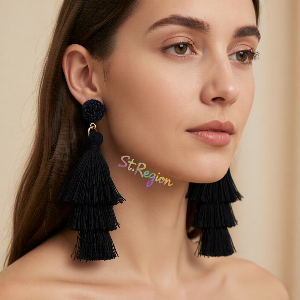 Black Tri-Layered Tassel Drop Earrings