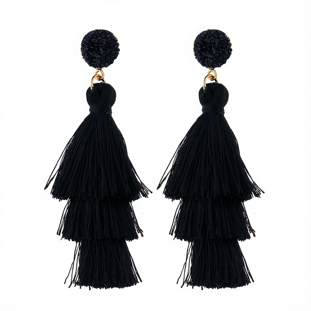 Black Tri-Layered Tassel Drop Earrings