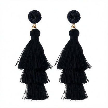 Black Tri-Layered Tassel Drop Earrings