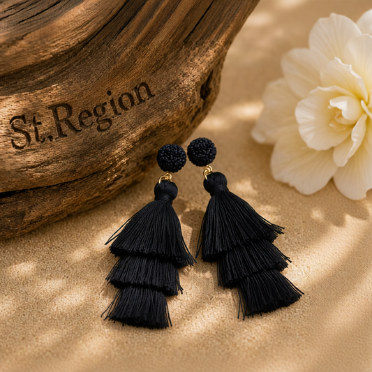 Black Tri-Layered Tassel Drop Earrings