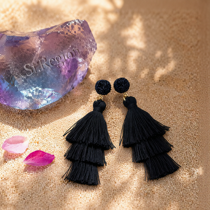 Black Tri-Layered Tassel Drop Earrings