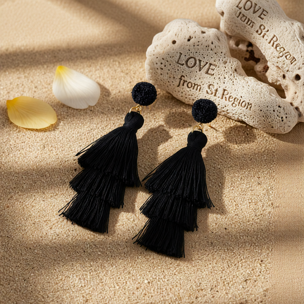 Black Tri-Layered Tassel Drop Earrings