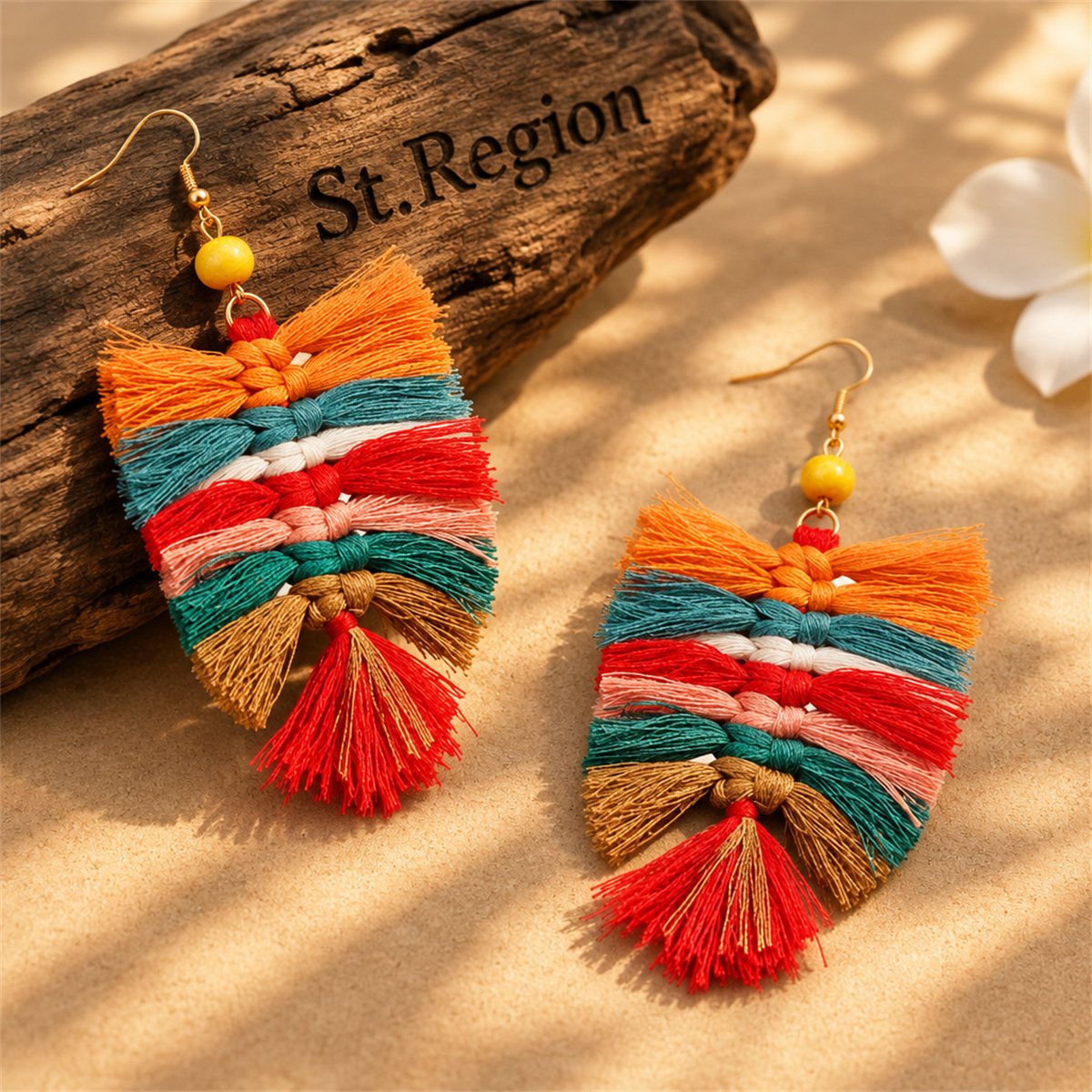 Red and Orange Howlite Palm Leaf Drop Earrings, drop earrings for women, vintage-inspired design, front view