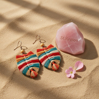 Red and Orange Howlite Palm Leaf Drop Earrings, drop earrings for women, vintage-inspired design, detail close-up