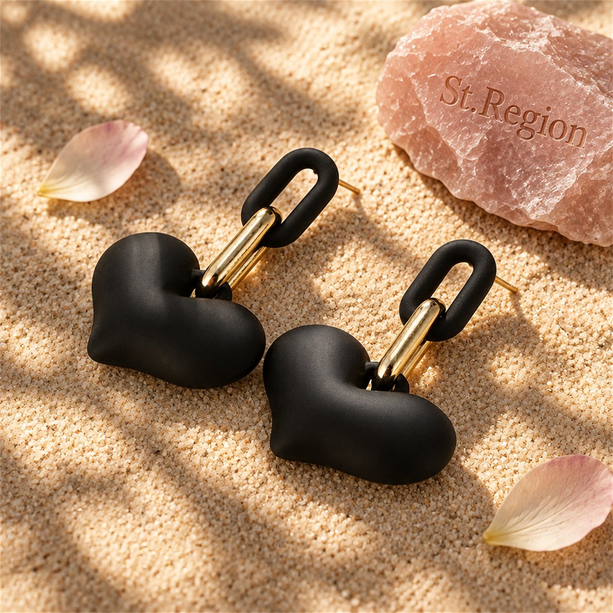 Black Acrylic and 18K Gold-Plated Heart Chain Link Drop Earrings, gold drop earrings for women, detail close-up