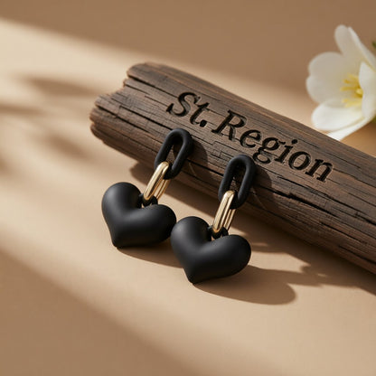 Black Acrylic and 18K Gold-Plated Heart Chain Link Drop Earrings, gold drop earrings for women, everyday style, front view