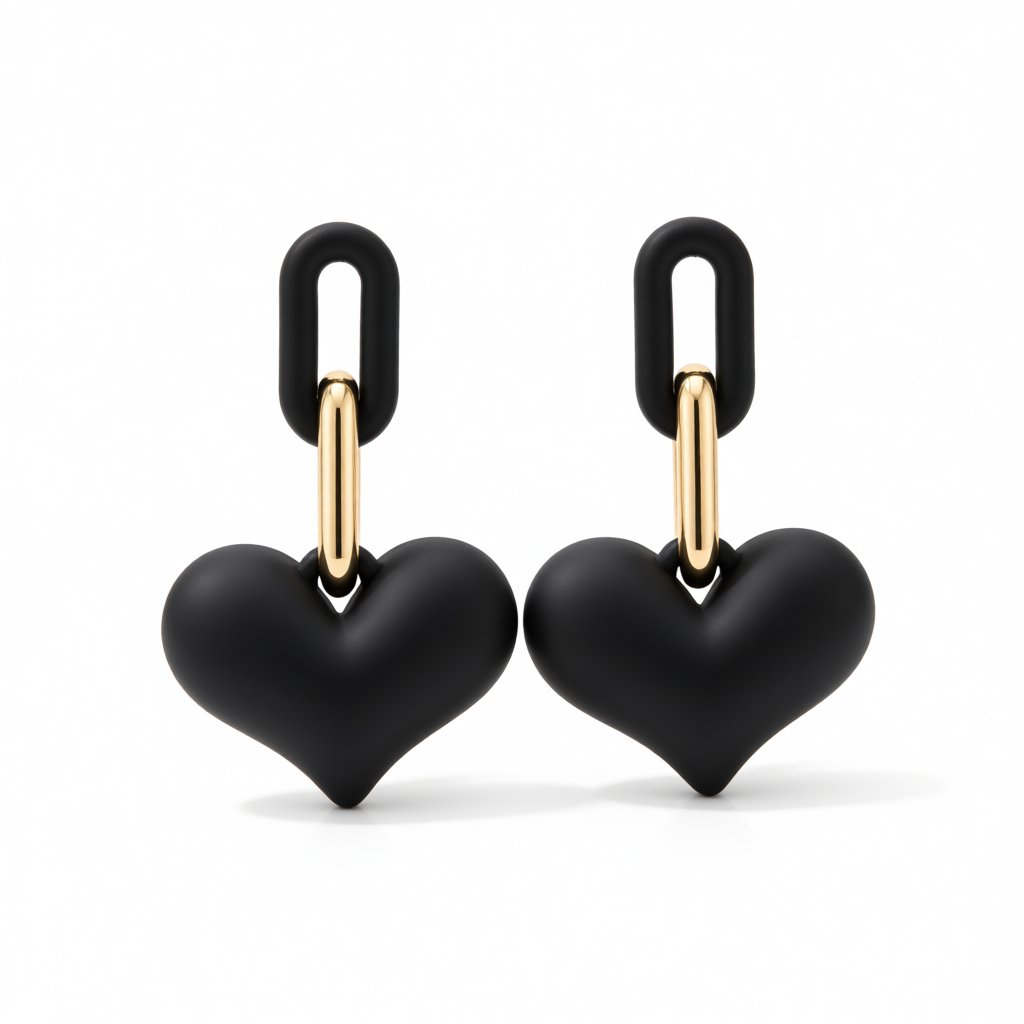Black Acrylic and 18K Gold-Plated Heart Chain Link Drop Earrings, gold drop earrings for women, everyday style, side view