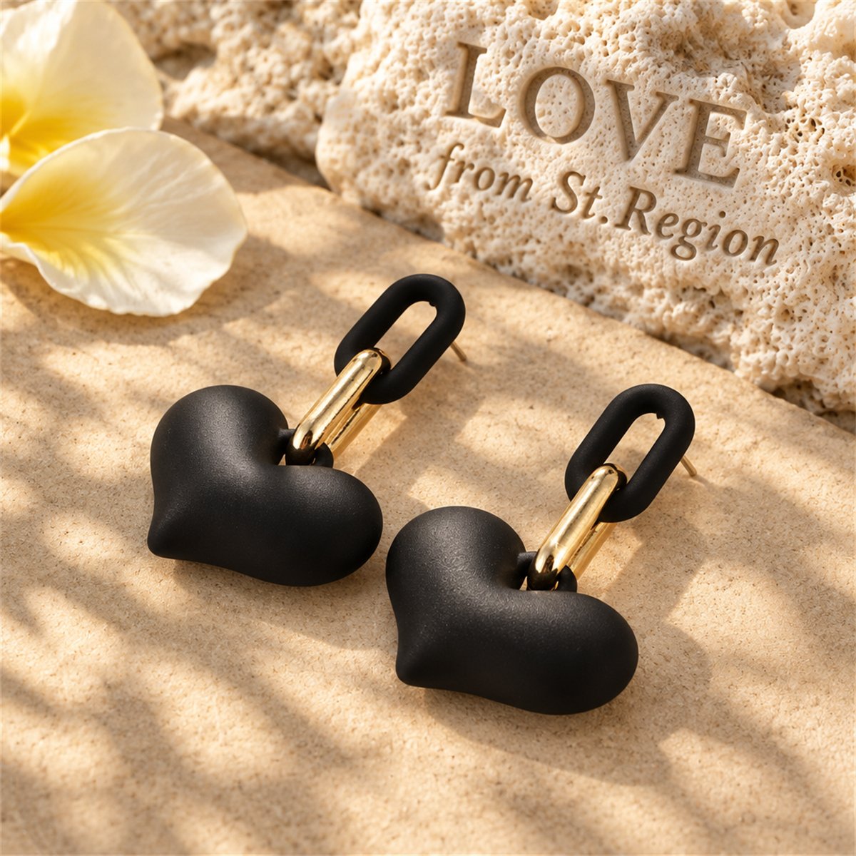 Black Acrylic and 18K Gold-Plated Heart Chain Link Drop Earrings, gold drop earrings for women, lifestyle look