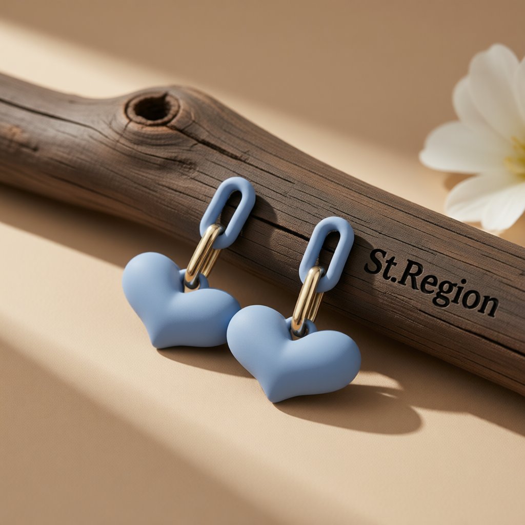 Blue and 18K Gold-Plated Heart Paper Clip Drop Earrings, gold drop earrings for women, botanical inspired, front view