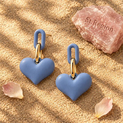 Blue and 18K Gold-Plated Heart Paper Clip Drop Earrings, gold drop earrings for women, botanical inspired, detail close-up