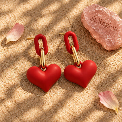 Red Enamel and 18K Gold-Plated Heart Chain Link Drop Earrings, gold drop earrings for women, detail close-up