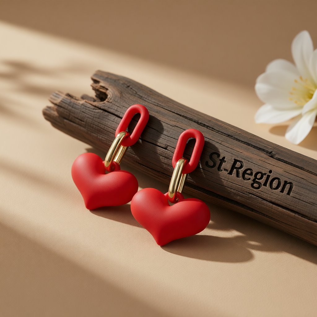 Red Enamel and 18K Gold-Plated Heart Chain Link Drop Earrings, gold drop earrings for women, elegant gift for her, front view