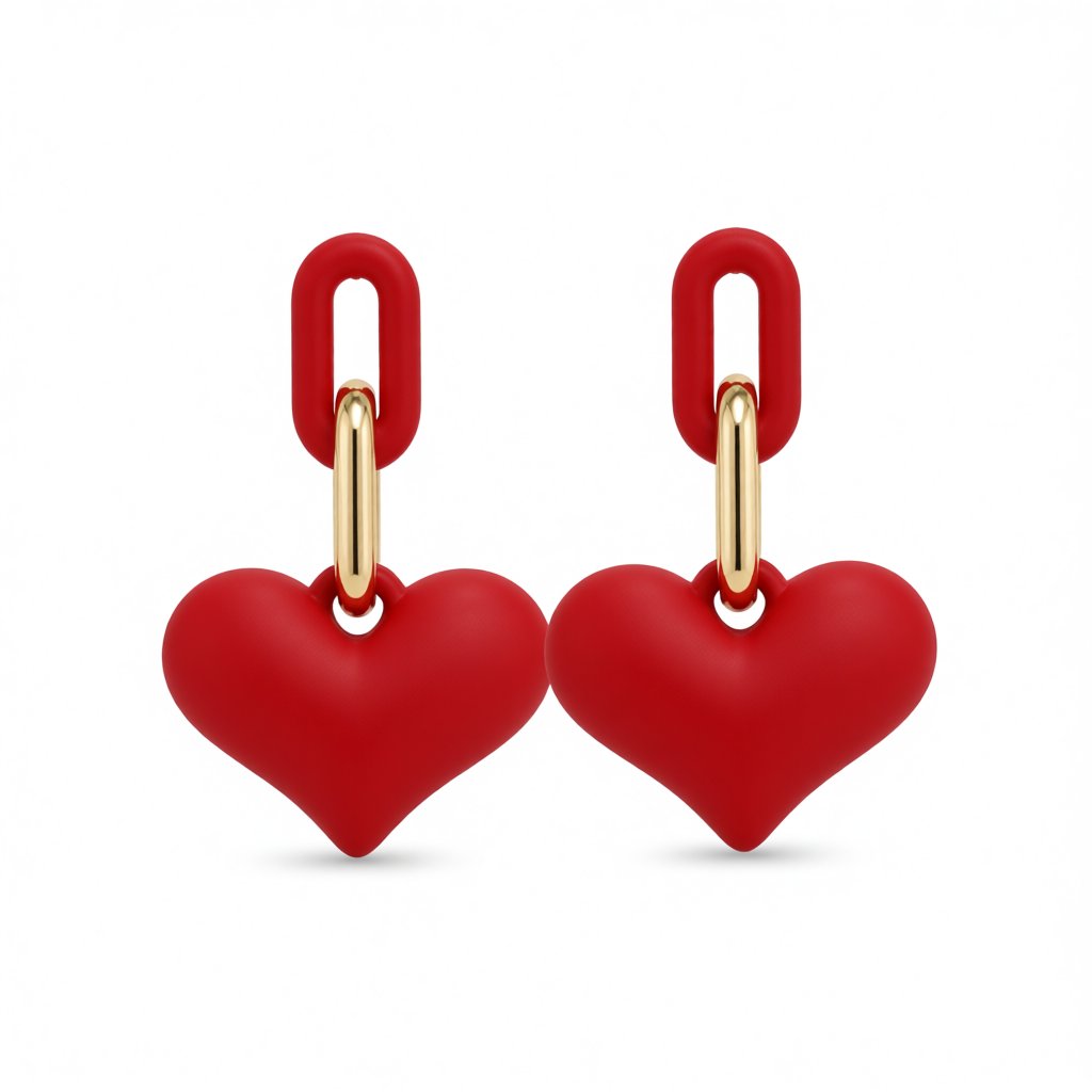 Red Enamel and 18K Gold-Plated Heart Chain Link Drop Earrings, gold drop earrings for women, elegant gift for her, side view