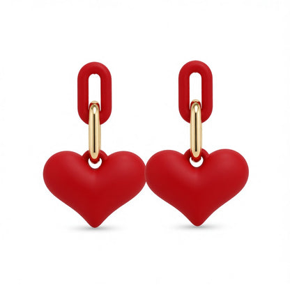 Red Enamel and 18K Gold-Plated Heart Chain Link Drop Earrings, gold drop earrings for women, elegant gift for her, side view