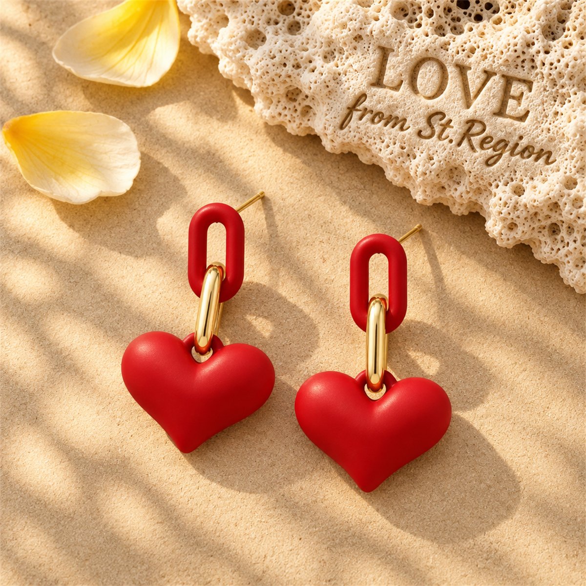 Red Enamel and 18K Gold-Plated Heart Chain Link Drop Earrings, gold drop earrings for women, lifestyle look
