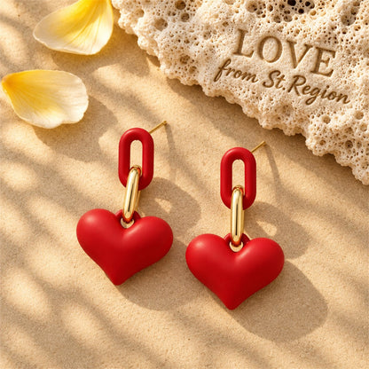Red Enamel and 18K Gold-Plated Heart Chain Link Drop Earrings, gold drop earrings for women, lifestyle look