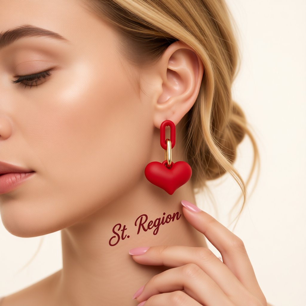 Red Enamel and 18K Gold-Plated Heart Chain Link Drop Earrings, gold drop earrings for women, styled look