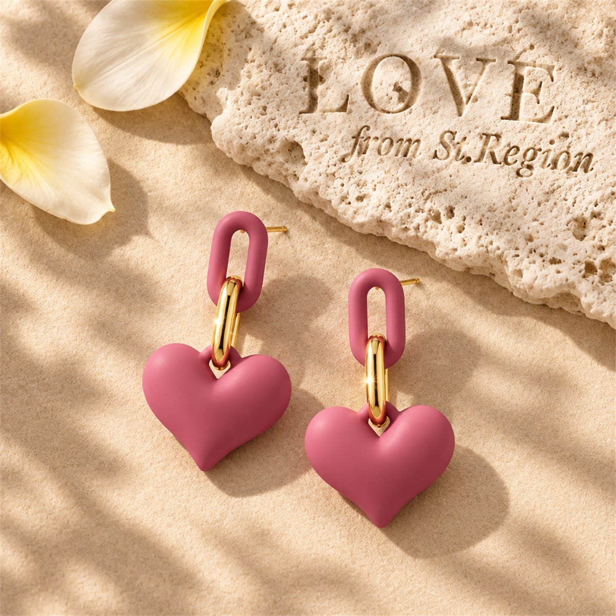 Rose Enamel and 18K Gold-Plated Heart Chain-Link Drop Earrings, gold drop earrings for women, everyday style, lifestyle look