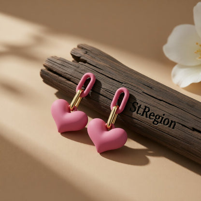 Rose Enamel and 18K Gold-Plated Heart Chain-Link Drop Earrings, gold drop earrings for women, everyday style, front view