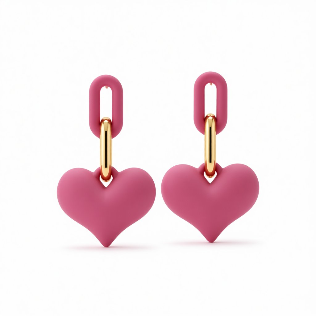 Rose Enamel and 18K Gold-Plated Heart Chain-Link Drop Earrings, gold drop earrings for women, everyday style, side view