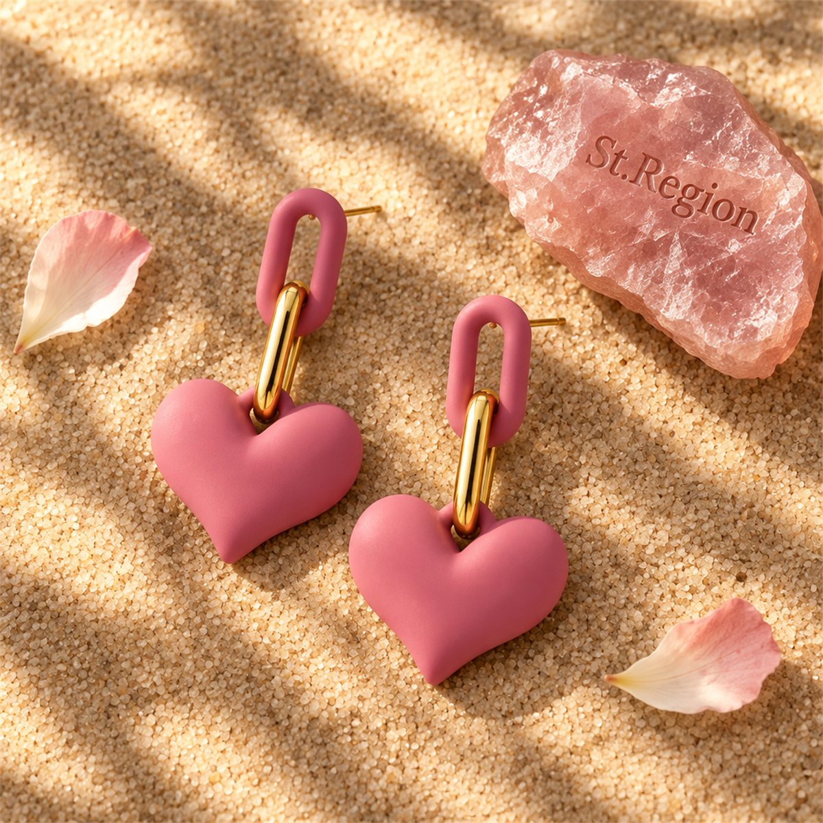 Rose Enamel and 18K Gold-Plated Heart Chain-Link Drop Earrings, gold drop earrings for women, everyday style, detail close-up
