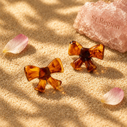 Amber Acrylic and Silver-Plated Bow Stud Earrings, silver stud earrings for women, elegant gift for her, detail close-up