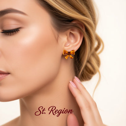 Amber Acrylic and Silver-Plated Bow Stud Earrings, silver stud earrings for women, elegant gift for her, styled look