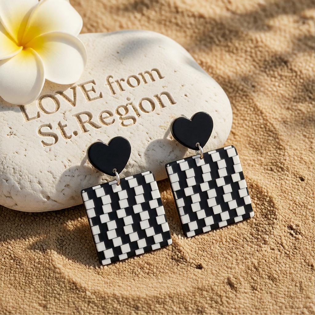 Black Acrylic and Silver-Plated Abstract Checkerboard Earrings, silver drop earrings for women, lifestyle look