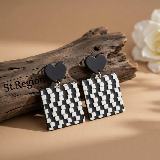 Black Acrylic & Silver-Plated Abstract Checkerboard Earrings