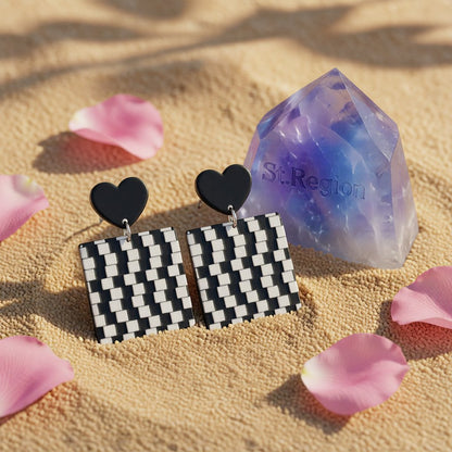 Black Acrylic & Silver-Plated Abstract Checkerboard Earrings