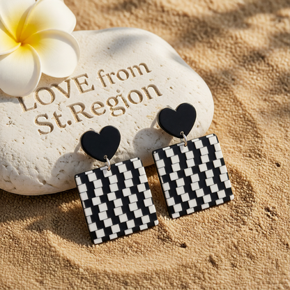 Black Acrylic & Silver-Plated Abstract Checkerboard Earrings