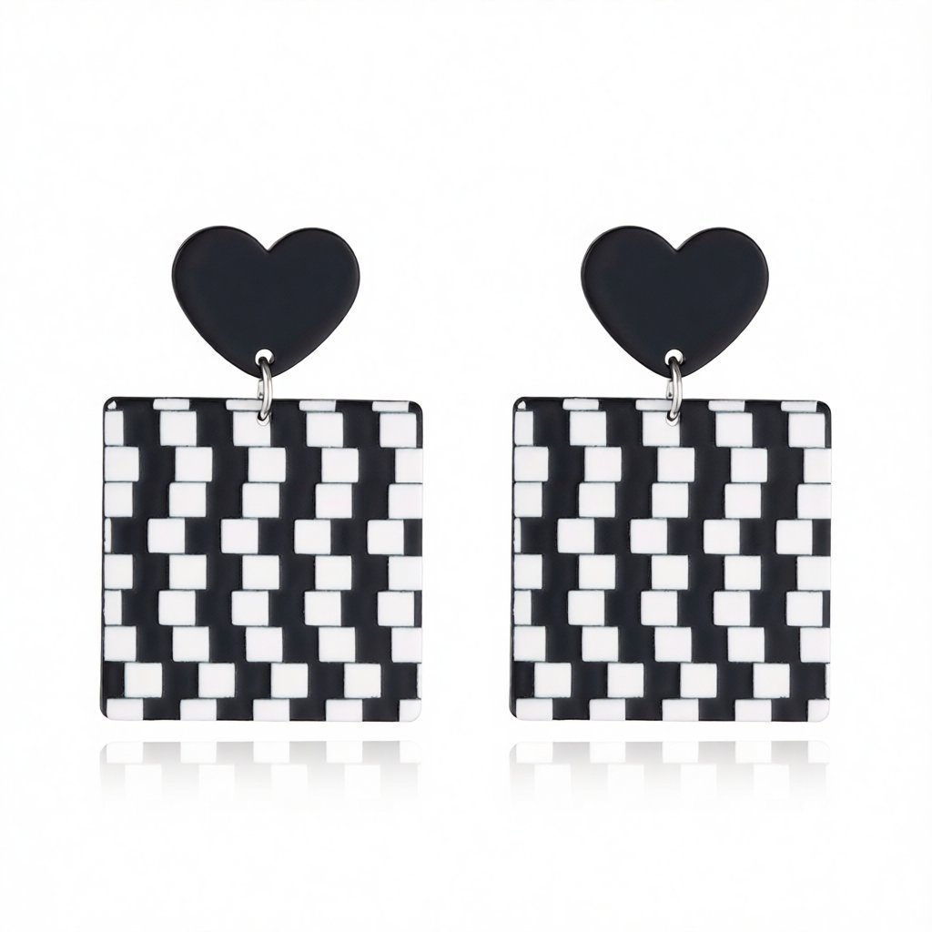 Black Acrylic & Silver-Plated Abstract Checkerboard Earrings