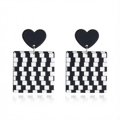 Black Acrylic & Silver-Plated Abstract Checkerboard Earrings