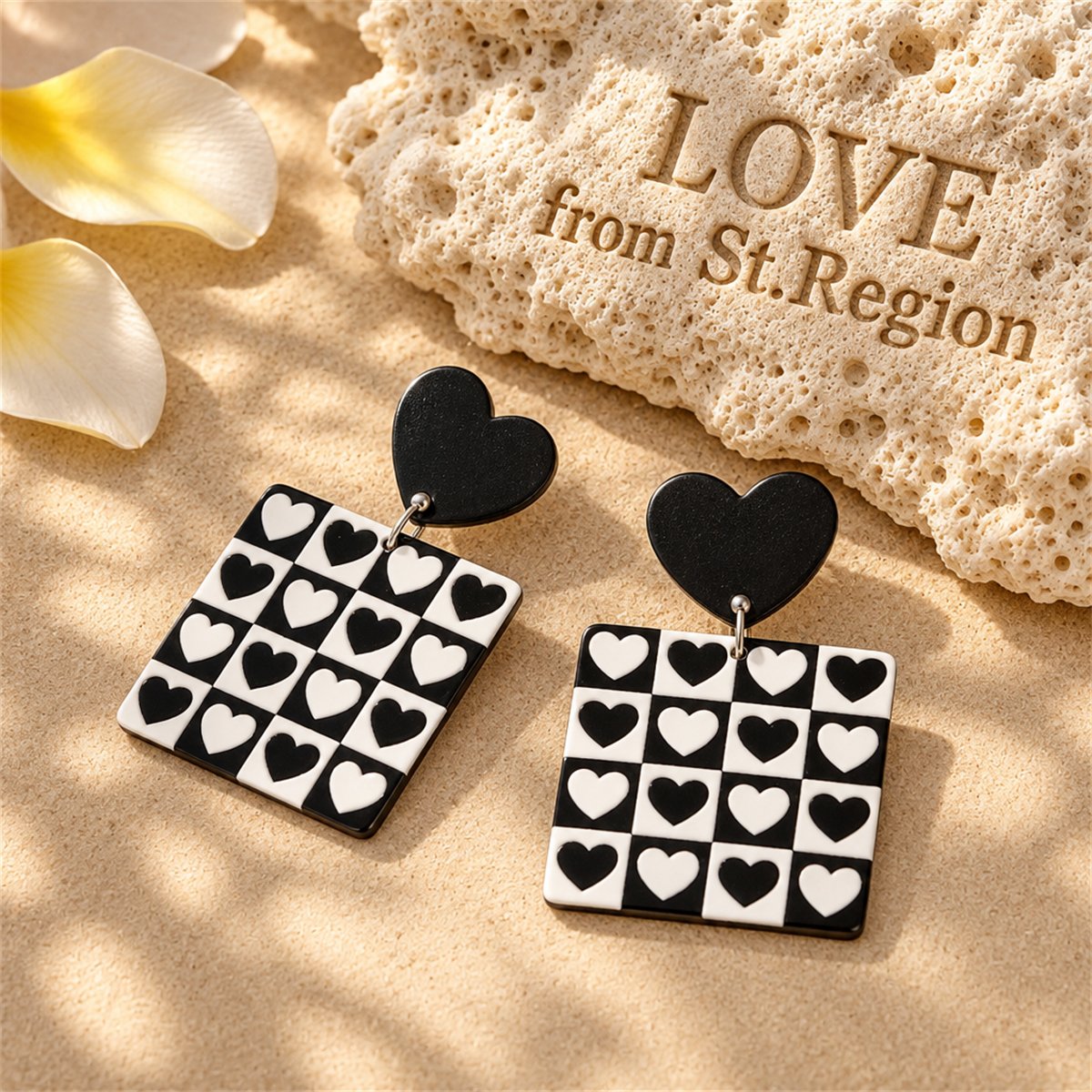 Black Acrylic Checkerboard Heart Earrings, drop earrings for women, dainty minimalist design, lifestyle look