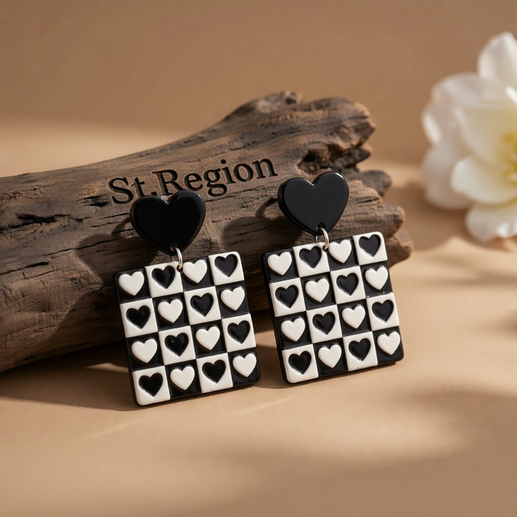 Black Acrylic Checkerboard Heart Earrings, drop earrings for women, dainty minimalist design, front view