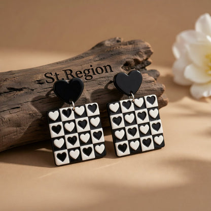 Black Acrylic Checkerboard Heart Earrings, drop earrings for women, dainty minimalist design, front view
