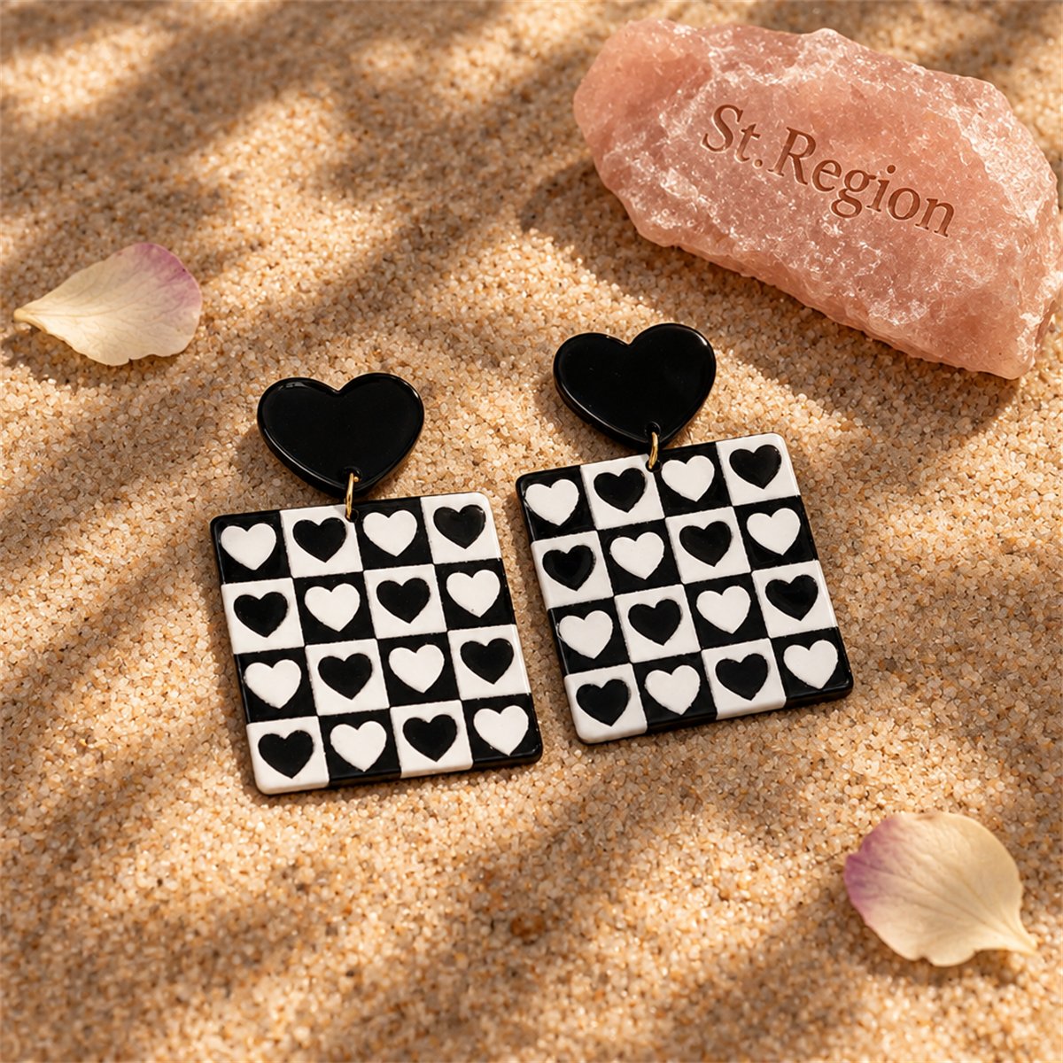 Black Acrylic Checkerboard Heart Earrings, drop earrings for women, dainty minimalist design, detail close-up