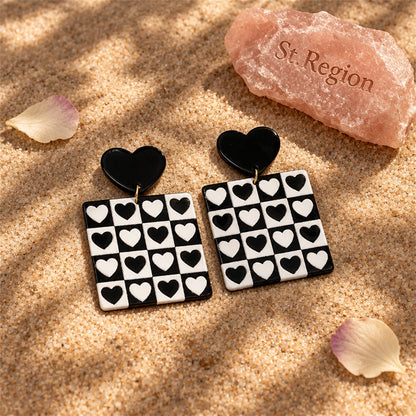 Black Acrylic Checkerboard Heart Earrings, drop earrings for women, dainty minimalist design, detail close-up