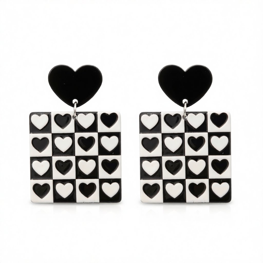 Black Acrylic Checkerboard Heart Earrings, drop earrings for women, dainty minimalist design, side view
