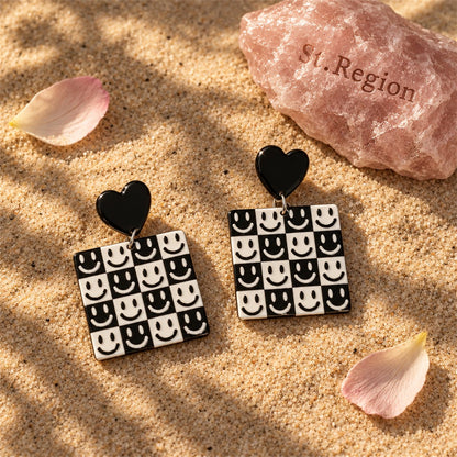 Black and White Heart Smiley Square Drop Earrings, drop earrings for women, everyday style, detail close-up