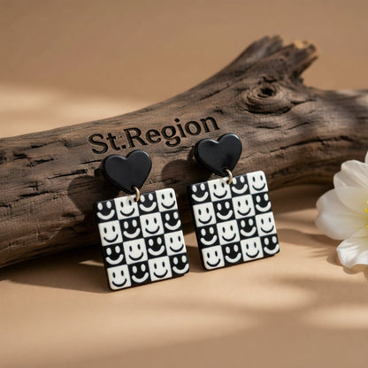 Black and White Heart Smiley Square Drop Earrings, drop earrings for women, everyday style, front view